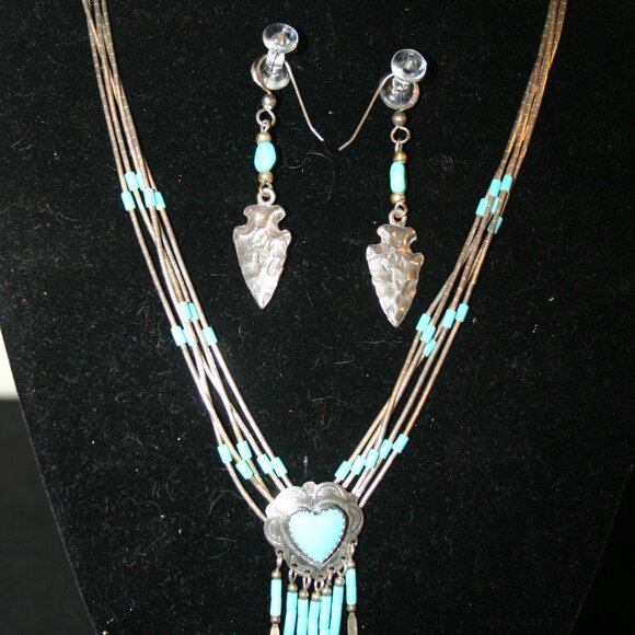 Liquid Silver Beads & Turquoise Southwest Necklace & Earring Set B-188 - Picture 3 of 7